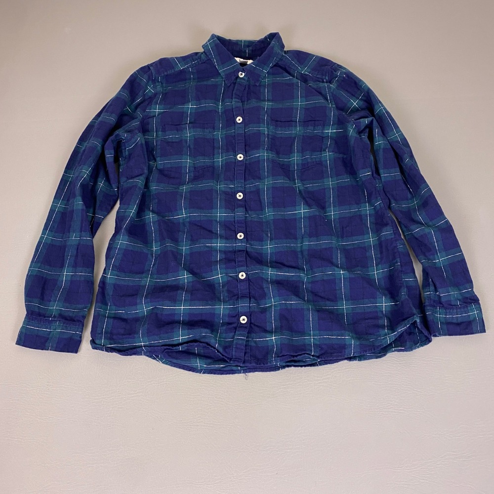 Croft & Barrow Flannel Shirt Women's XL Blue Green Plaid Button Down Metallic